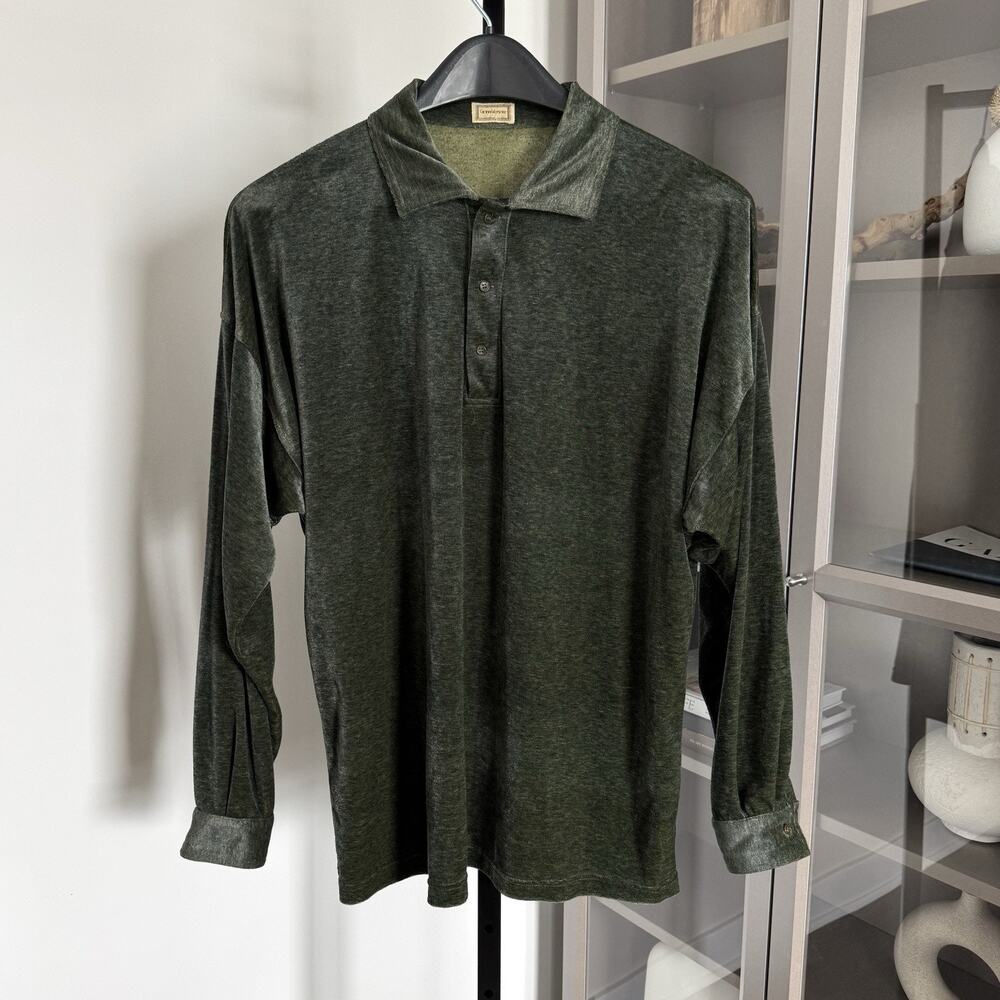 Gianni Versace Vintage Green Velour Long Sleeve Collared Polo Button Shirt 48